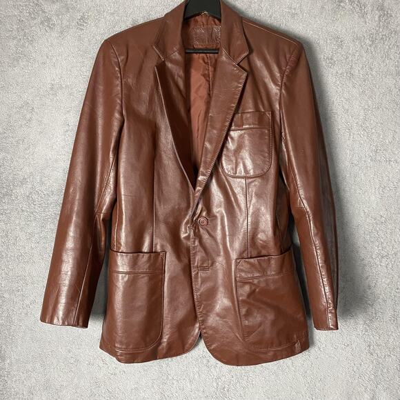 Vintage Leather Blazer Jacket Mens 38 Brown Genuine Leather Classic Korea 90s - Picture 1 of 11